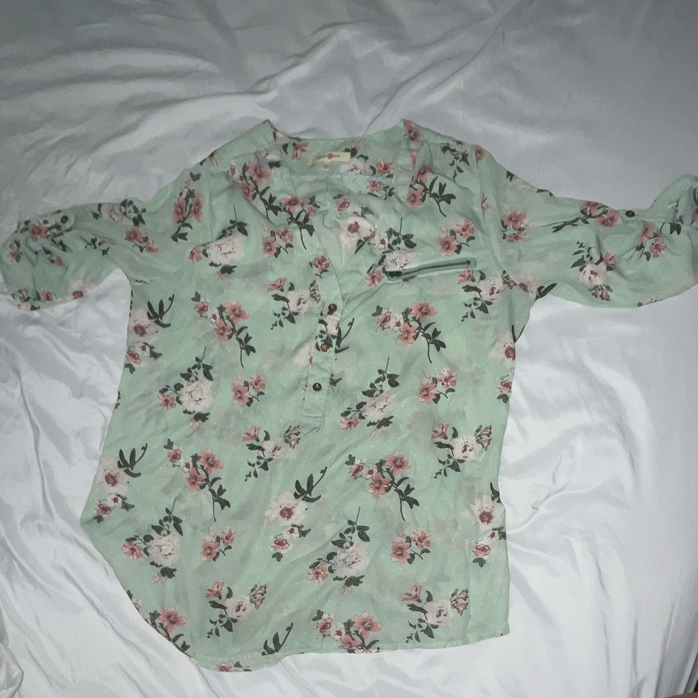 Wishful Park Women's L Green Pink Floral V-Neck Chiffon Long Sleeve Blouse